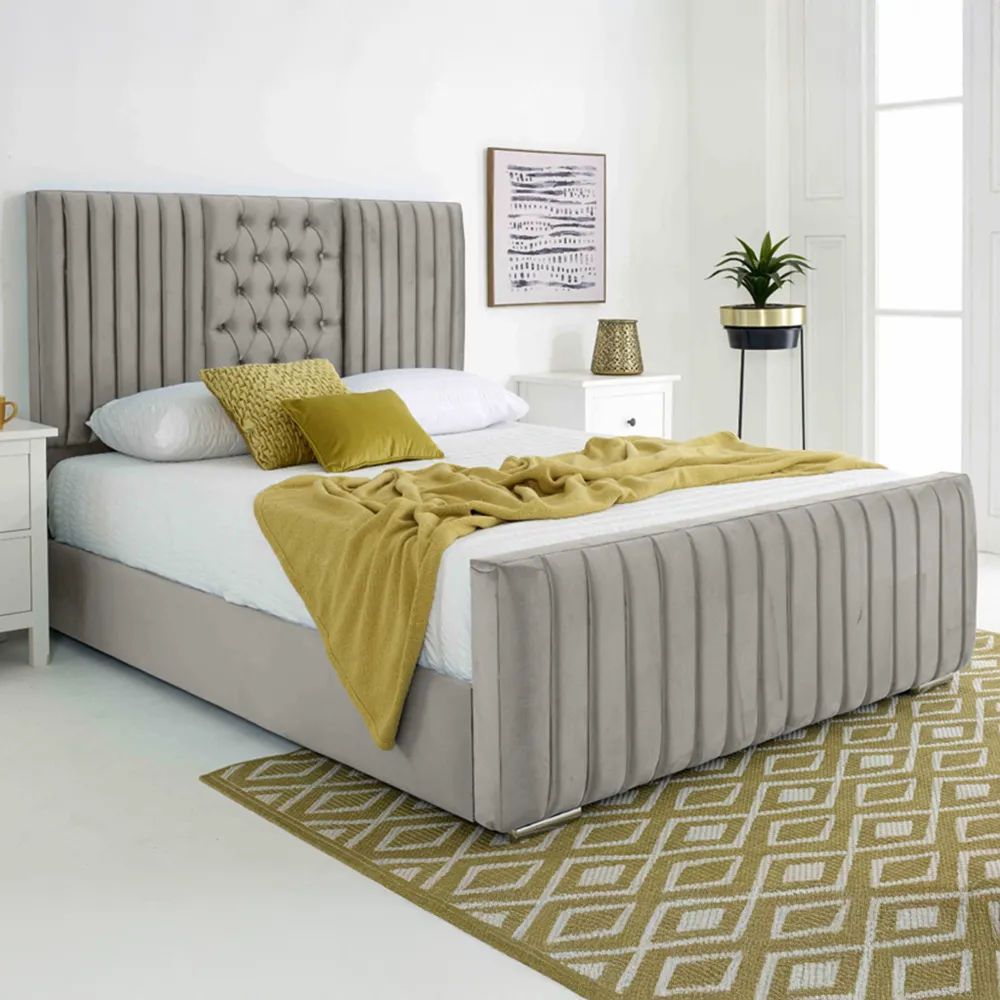 Gracie King Size Bed Frame with Lined Headboard - Silver, Velvet
