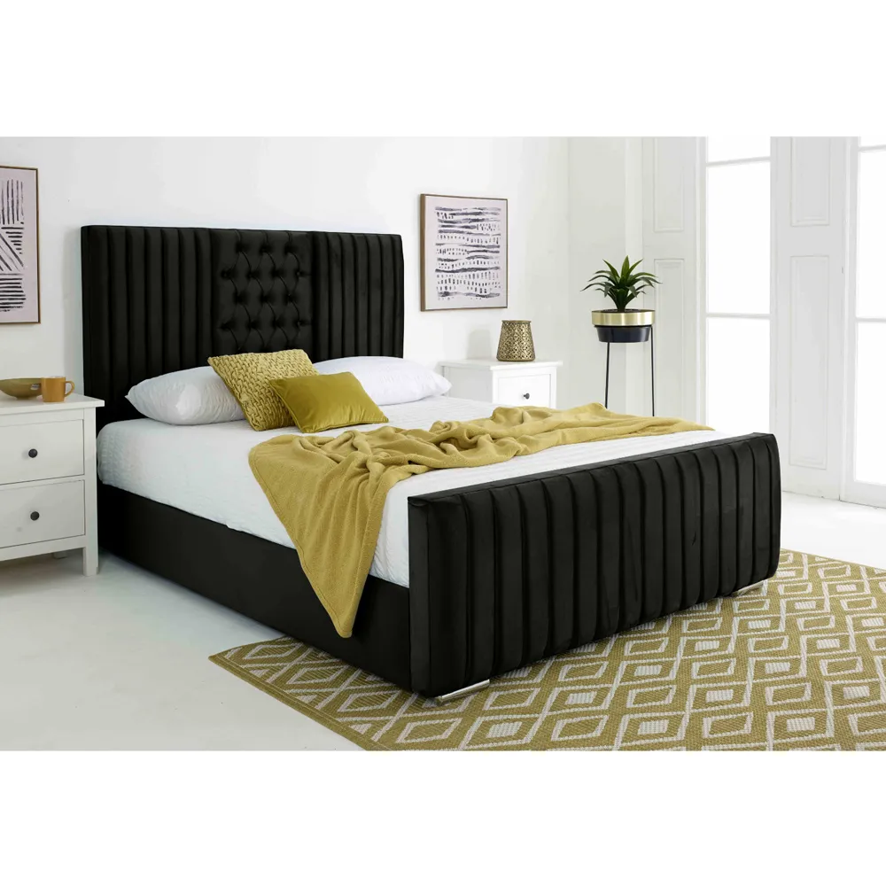 Gracie Single Bed Frame with Lined Headboard - Black, Velvet