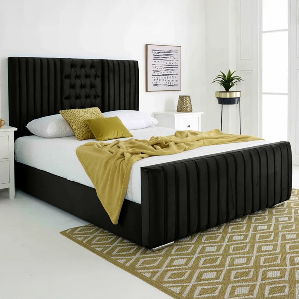 Gracie Single Bed Frame with Lined Headboard - Black, Velvet image