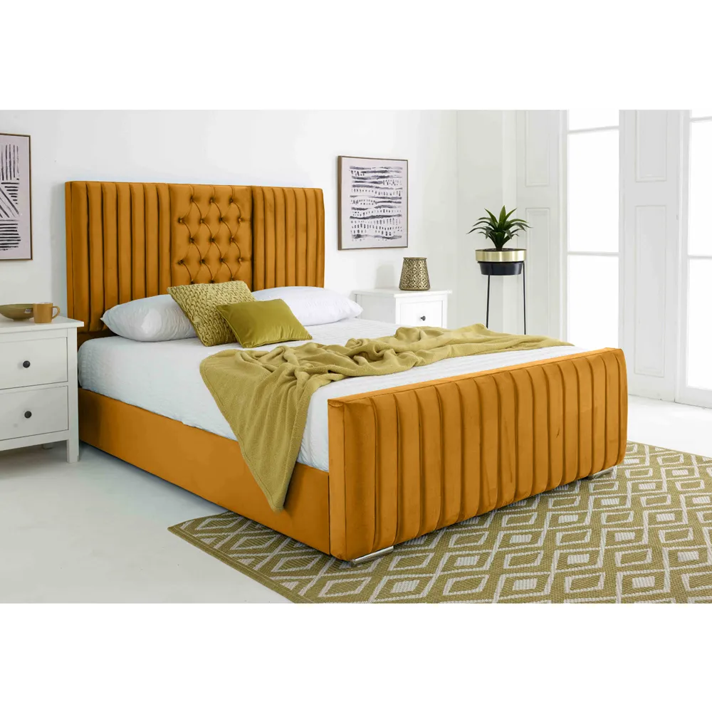 Gracie Single Bed Frame with Lined Headboard - Mustard, Velvet