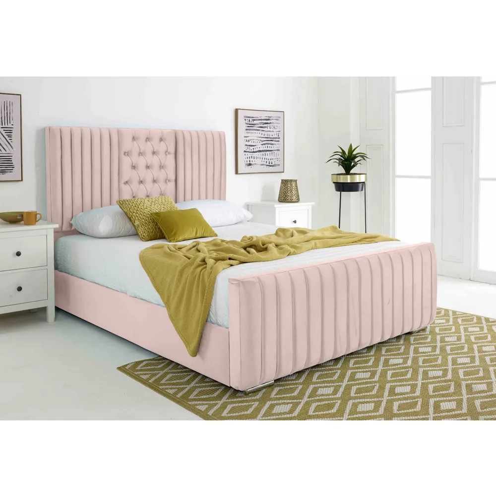 Gracie Single Bed Frame with Lined Headboard - Pink, Velvet