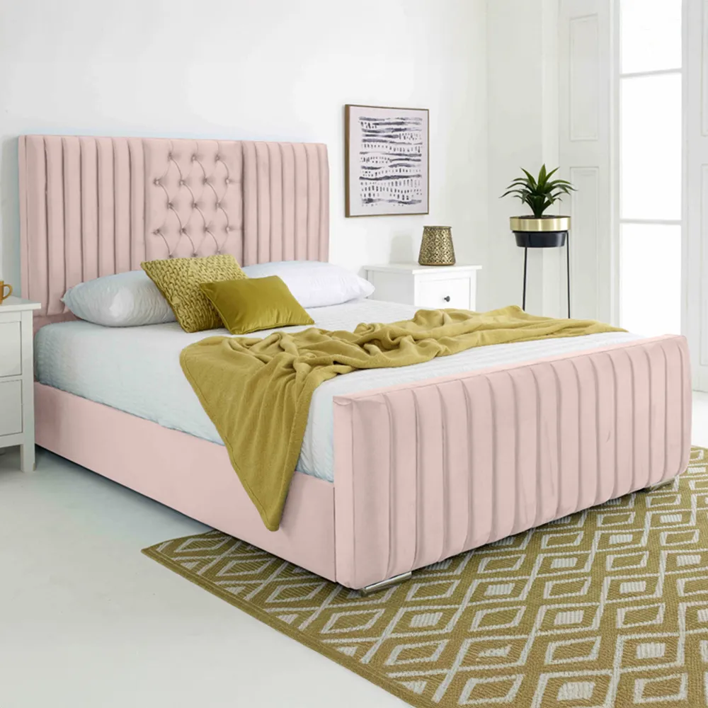 Gracie Single Bed Frame with Lined Headboard - Pink, Velvet