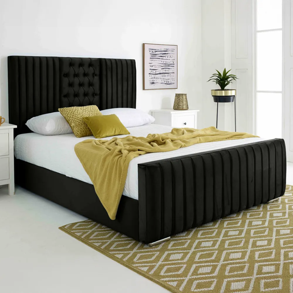 Gracie Small Double Bed Frame with Lined Headboard - Black, Velvet