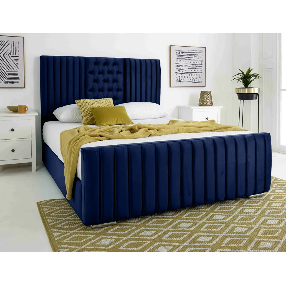 Gracie Small Double Bed Frame with Lined Headboard - Blue, Velvet