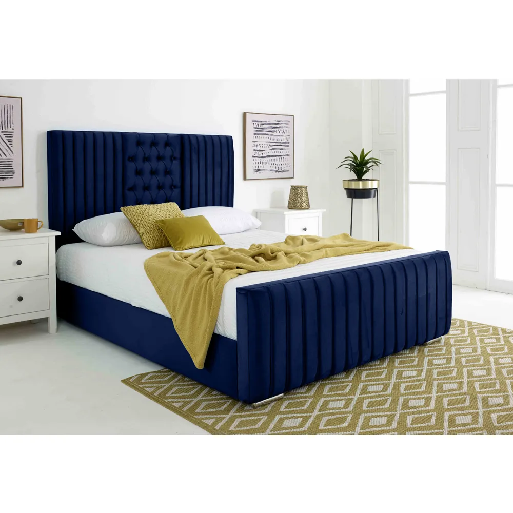 Gracie Small Double Bed Frame with Lined Headboard - Blue, Velvet