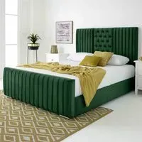 Gracie Small Double Bed Frame with Lined Headboard - Green, Velvet