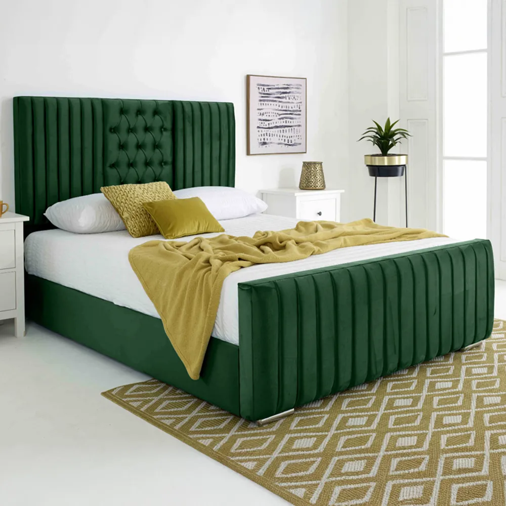 Gracie Small Double Bed Frame with Lined Headboard - Green, Velvet