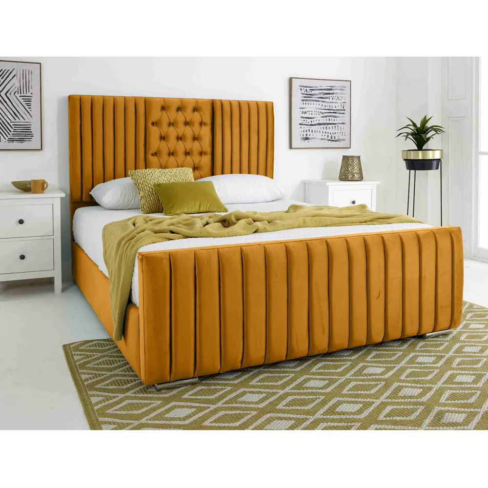 Gracie Small Double Bed Frame with Lined Headboard - Mustard, Velvet