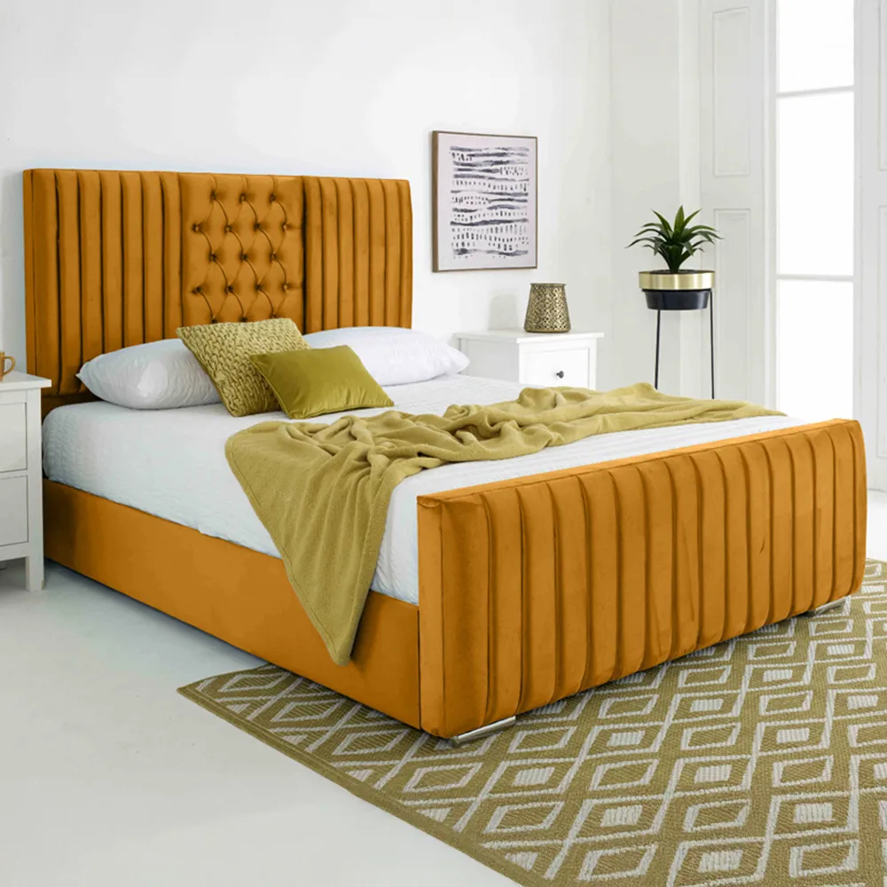 Gracie Small Double Bed Frame with Lined Headboard - Mustard, Velvet