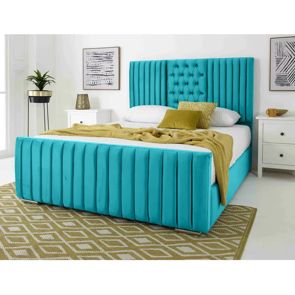 Gracie Small Double Bed Frame with Lined Headboard - Teal, Velvet
