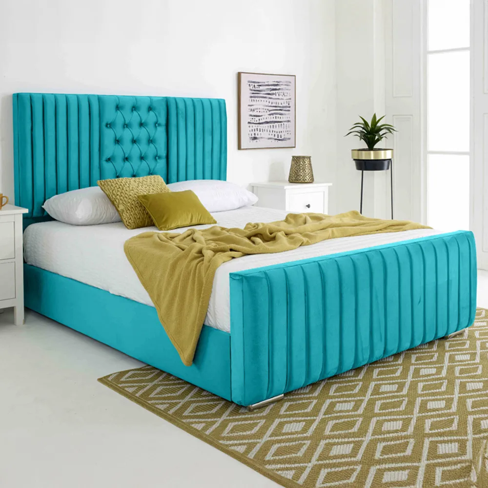 Gracie Small Double Bed Frame with Lined Headboard - Teal, Velvet