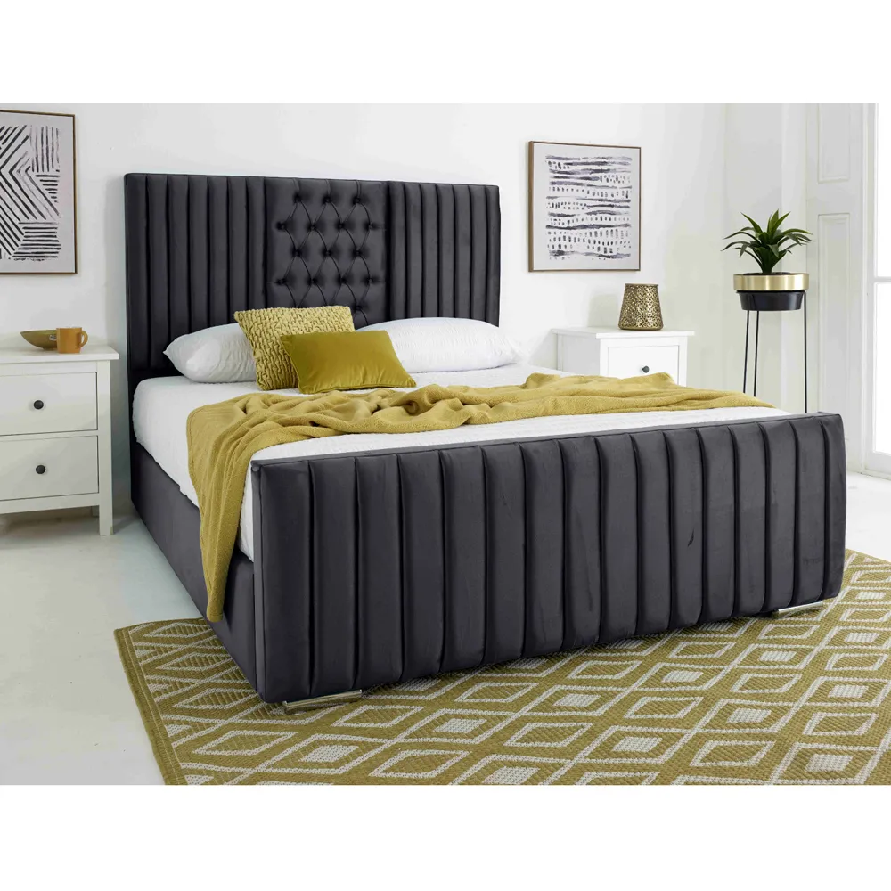 Gracie Super King Bed Frame with Lined Headboard - Grey, Velvet
