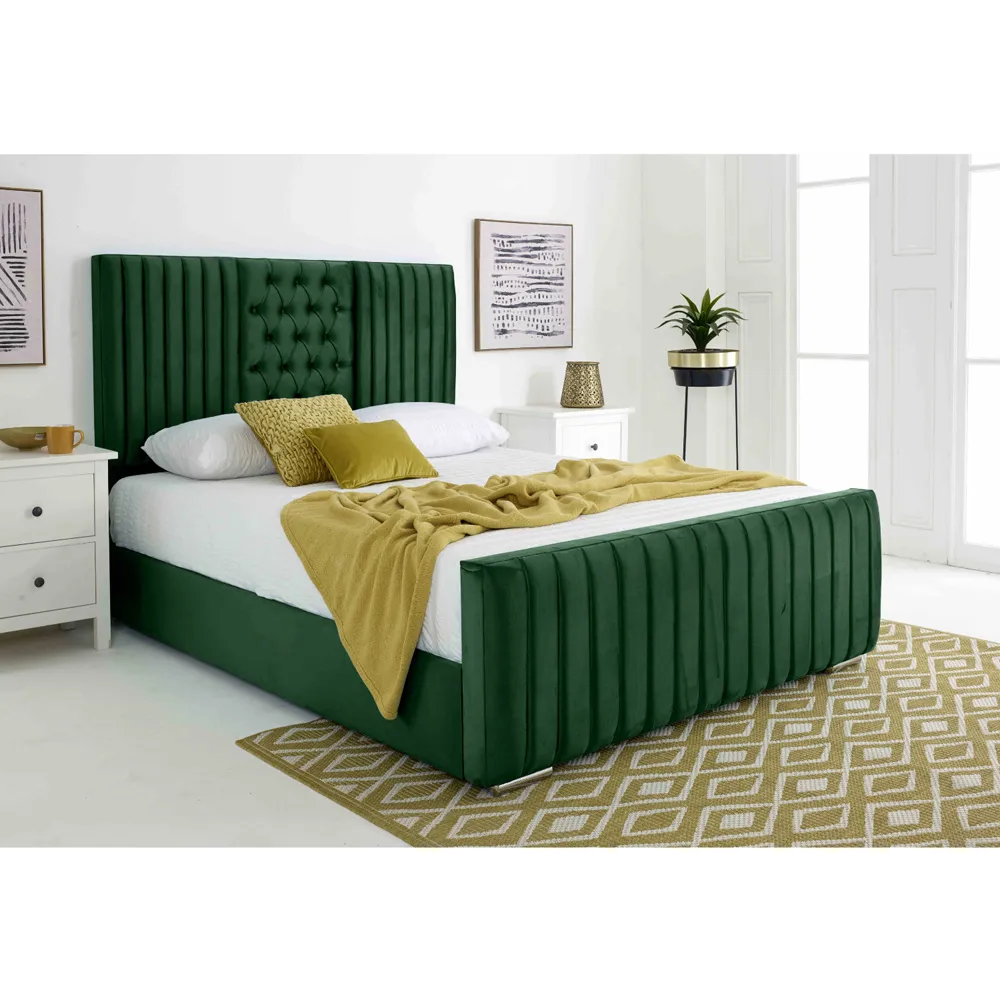Gracie Super King Size Bed Frame with Lined Headboard - Green, Velvet