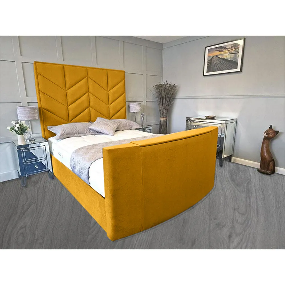 Alino Double TV Bed Frame with Remote - Mustard, Velvet