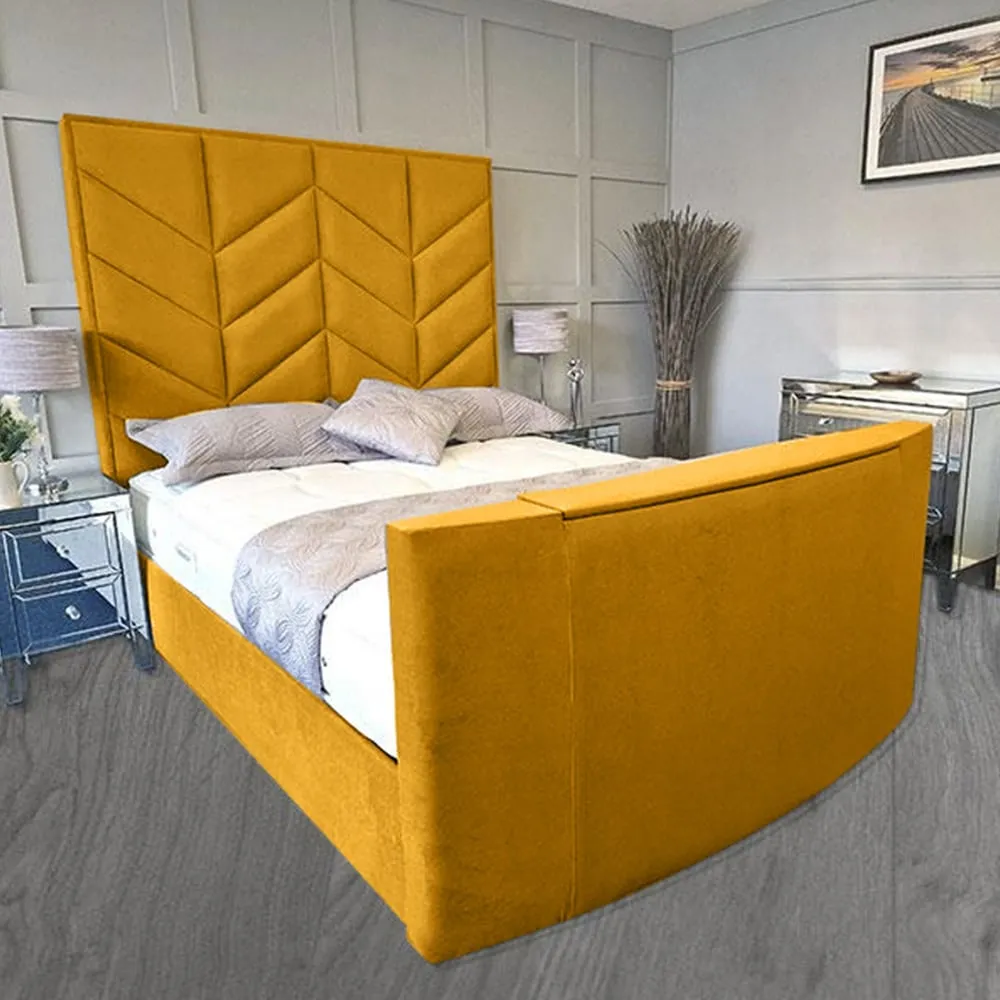 Alino Double TV Bed Frame with Remote - Mustard, Velvet