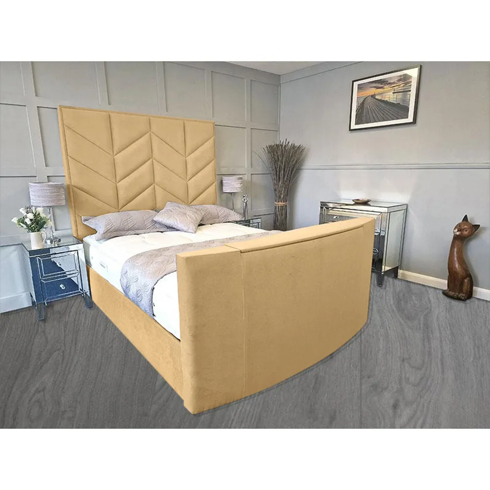 Alino King Size TV Bed Frame with Remote - Beige, Velvet