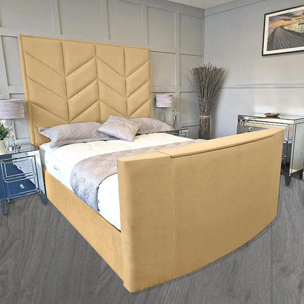 Alino King Size TV Bed Frame with Remote - Beige, Velvet