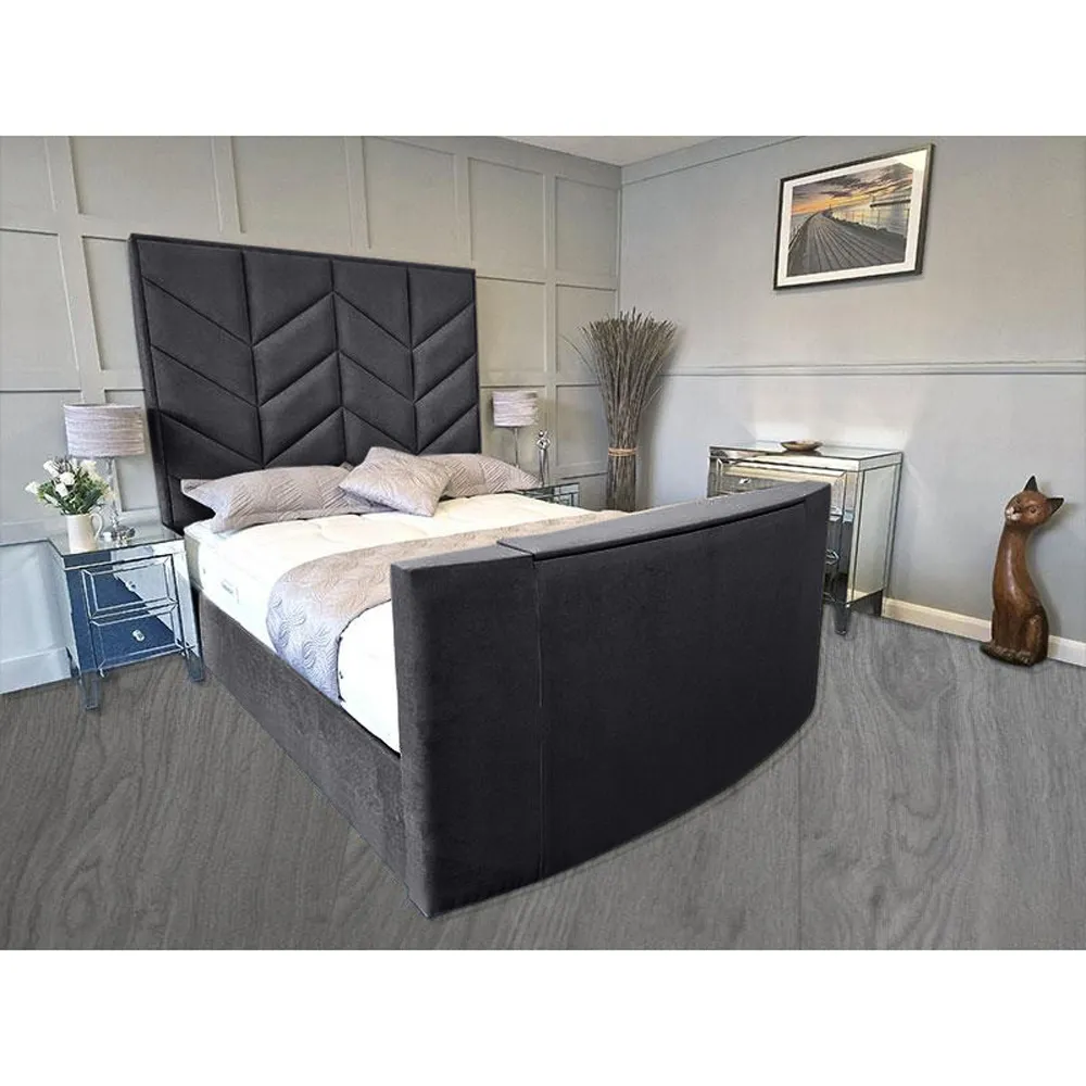 Alino King Size TV Bed Frame with Remote - Grey, Velvet