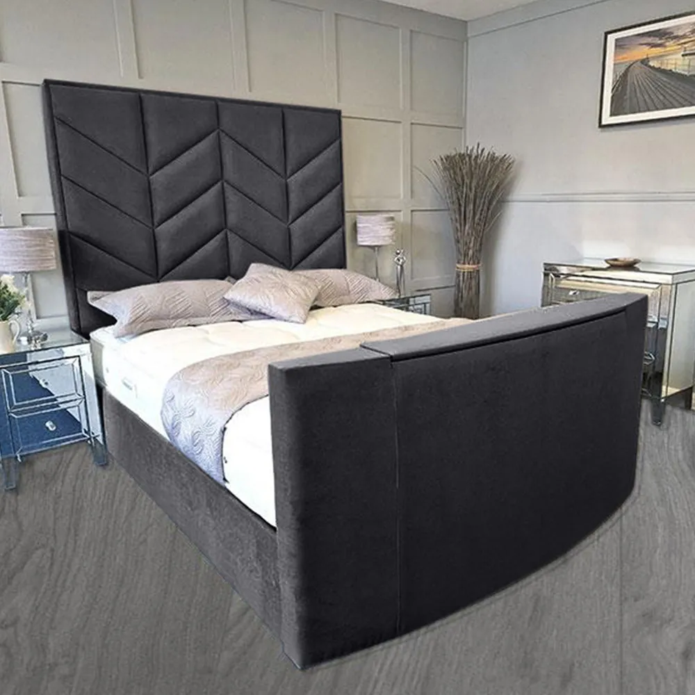 Alino King Size TV Bed Frame with Remote - Grey, Velvet image