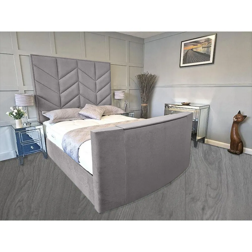 Alino King Size TV Bed Frame with Remote - Silver, Velvet