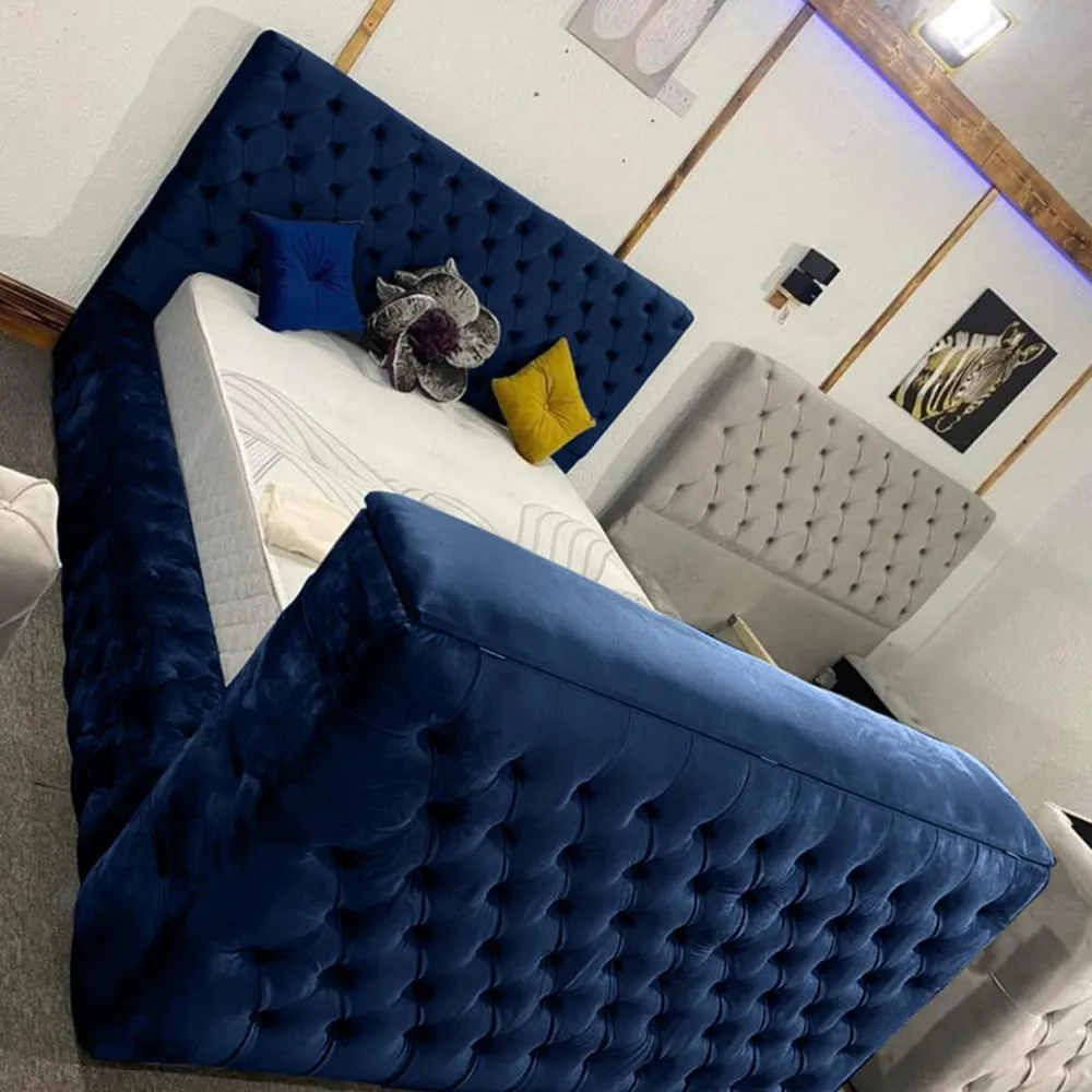 Arli Super King TV Bed Frame with Remote - Blue, Velvet