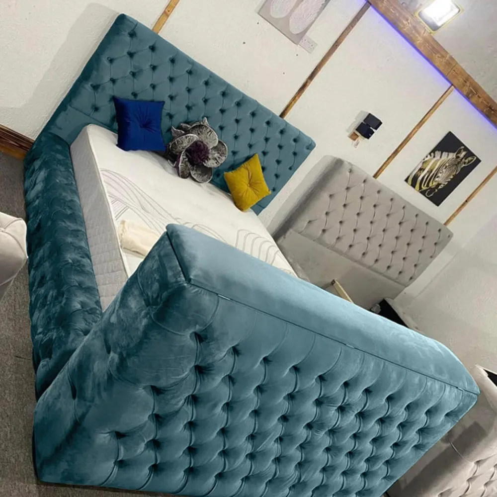 Arli Super King TV Bed Frame with Remote - Blue, Velvet