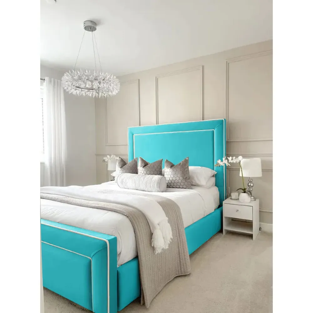 Arring King Size Bed Frame with Headboard - Blue, Velvet