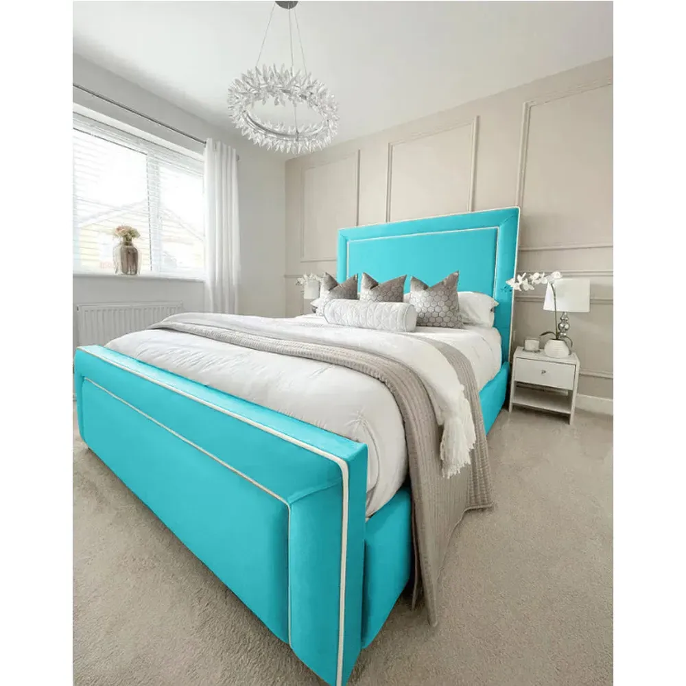 Arring King Size Bed Frame with Headboard - Blue, Velvet