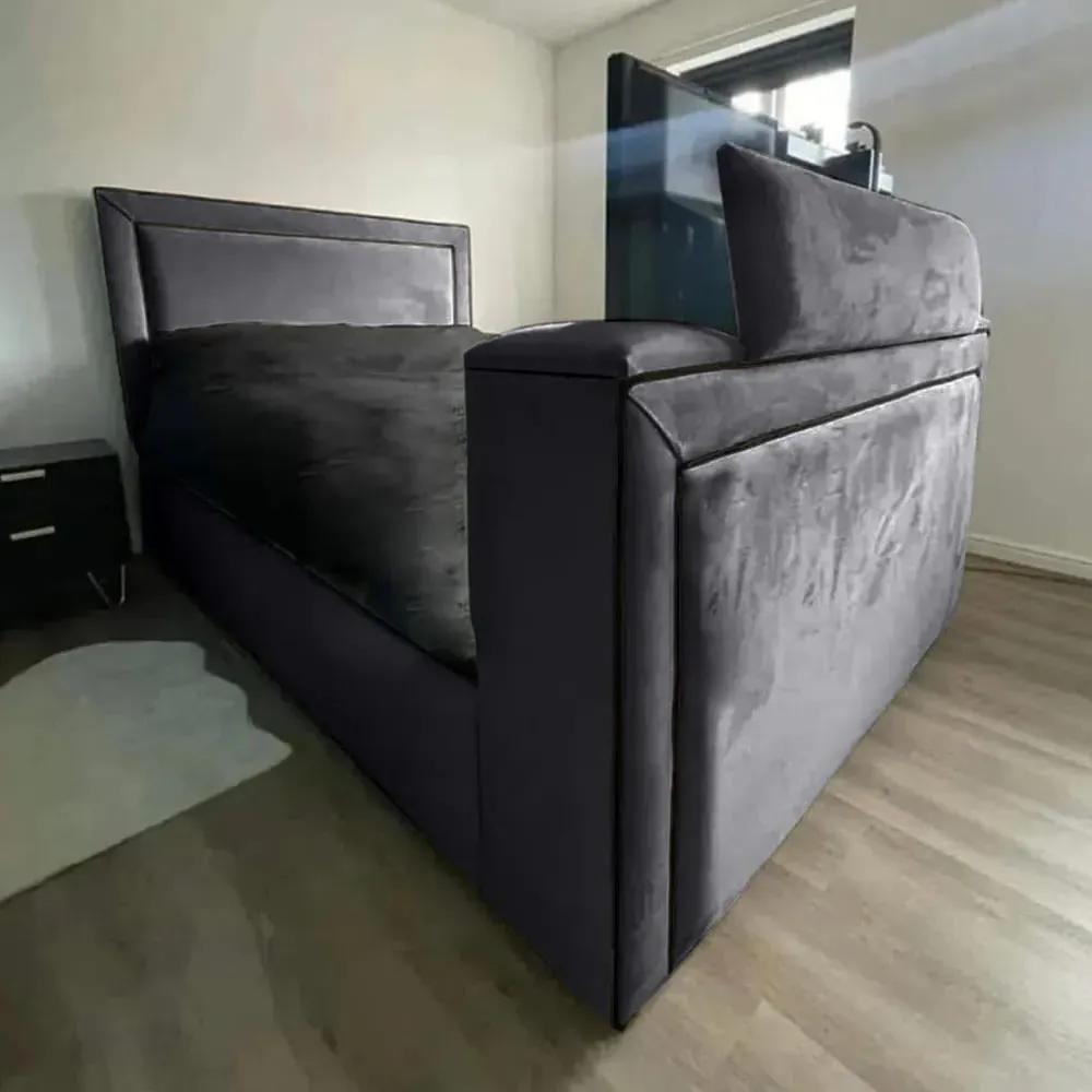 Bisham King Size TV Bed Frame with Remote - Grey, Velvet image