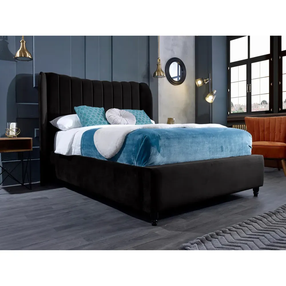 Carli Double Bed Frame with Lined Headboard - Black, Velvet