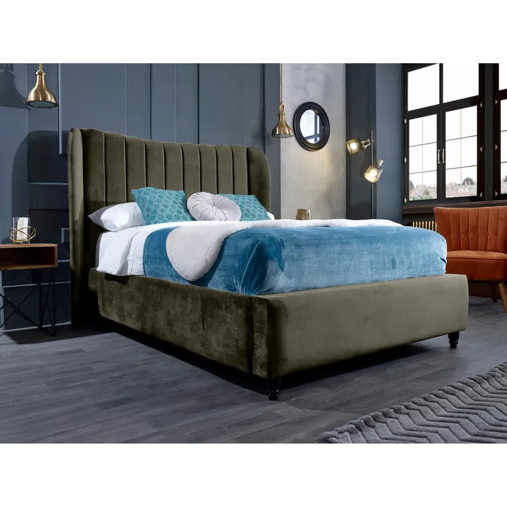 Carli Double Bed Frame with Lined Headboard - Grey, Velvet