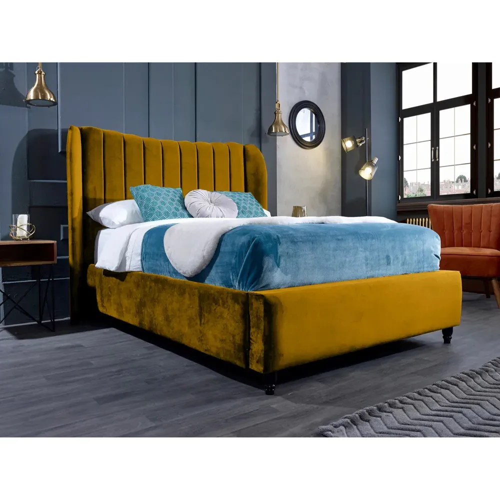 Carli Double Bed Frame with Lined Headboard - Orange, Velvet