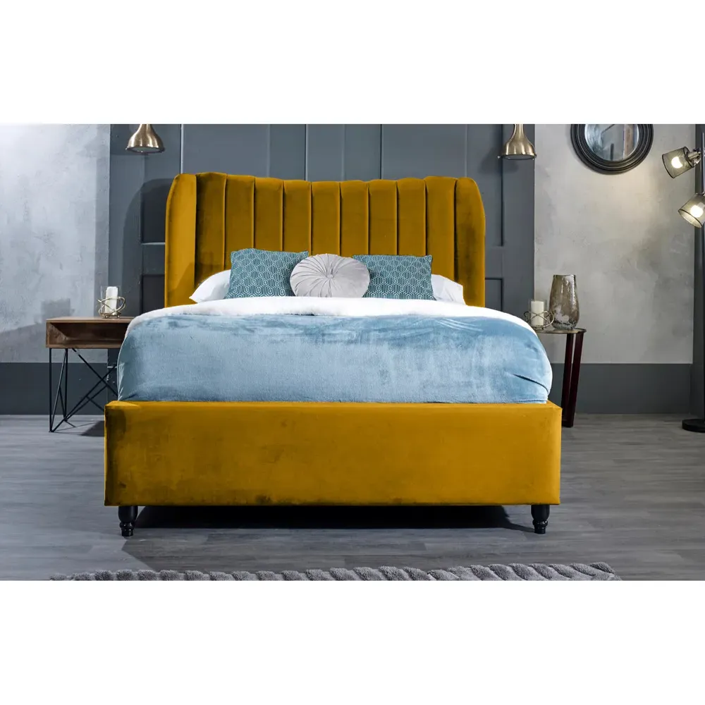 Carli Double Bed Frame with Lined Headboard - Orange, Velvet