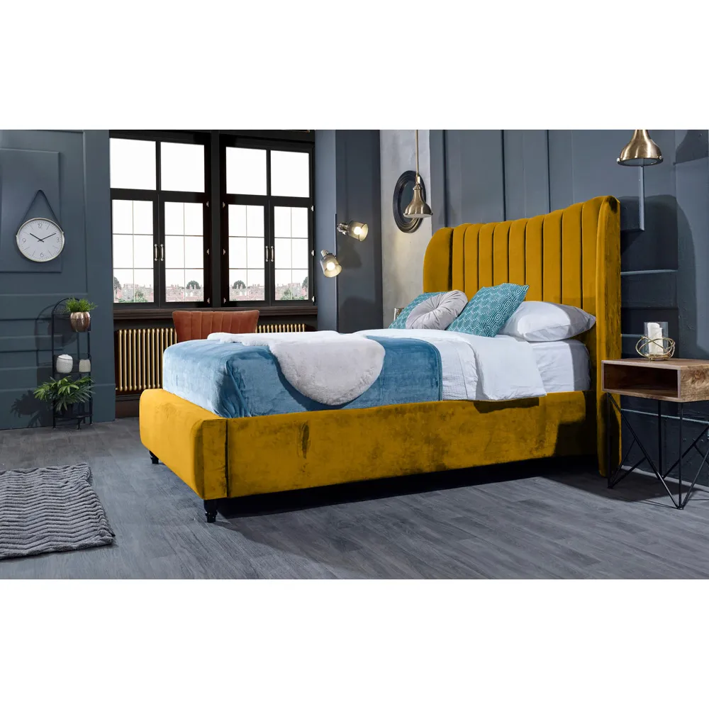 Carli Double Bed Frame with Lined Headboard - Orange, Velvet