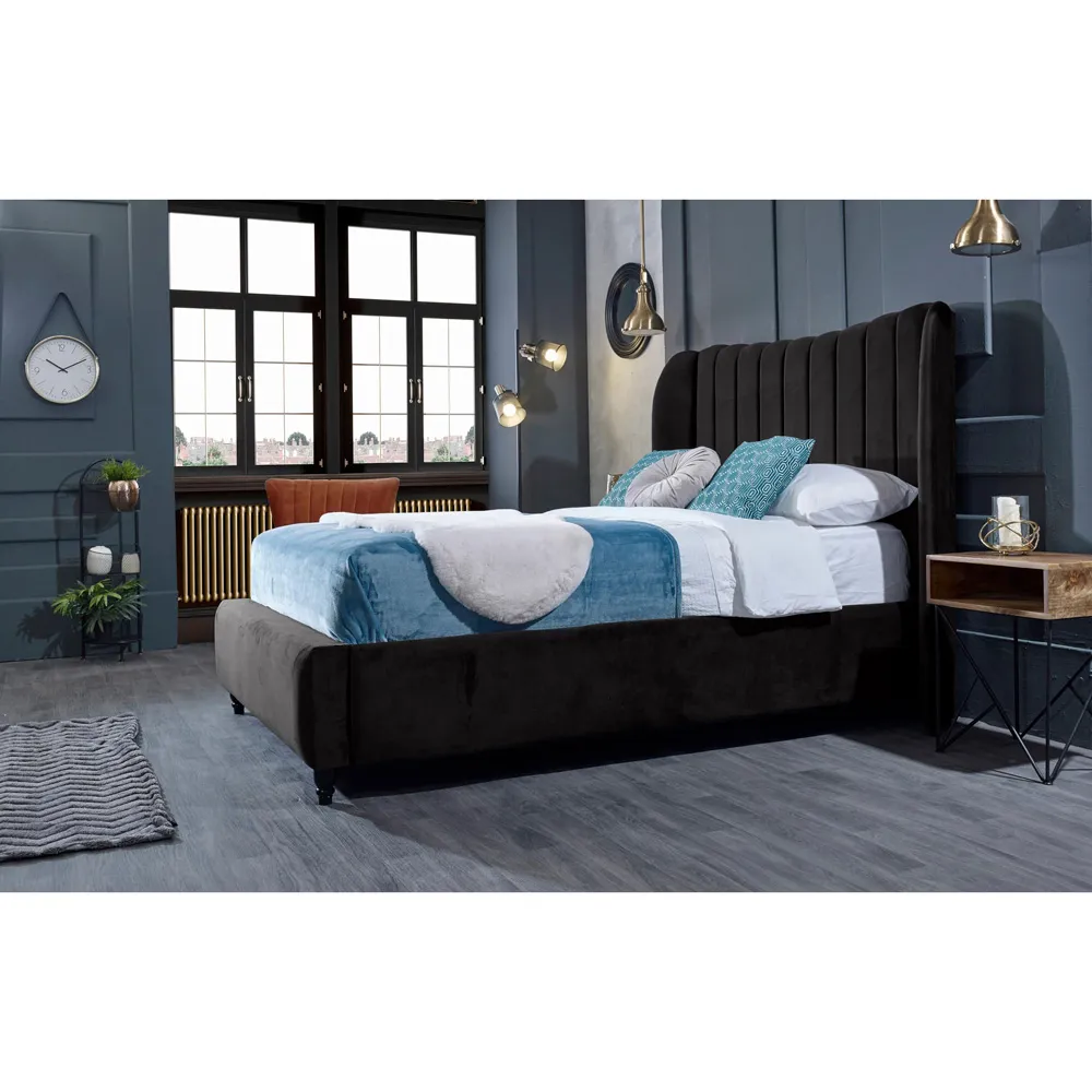 Carli King Size Bed Frame with Lined Headboard - Black, Velvet