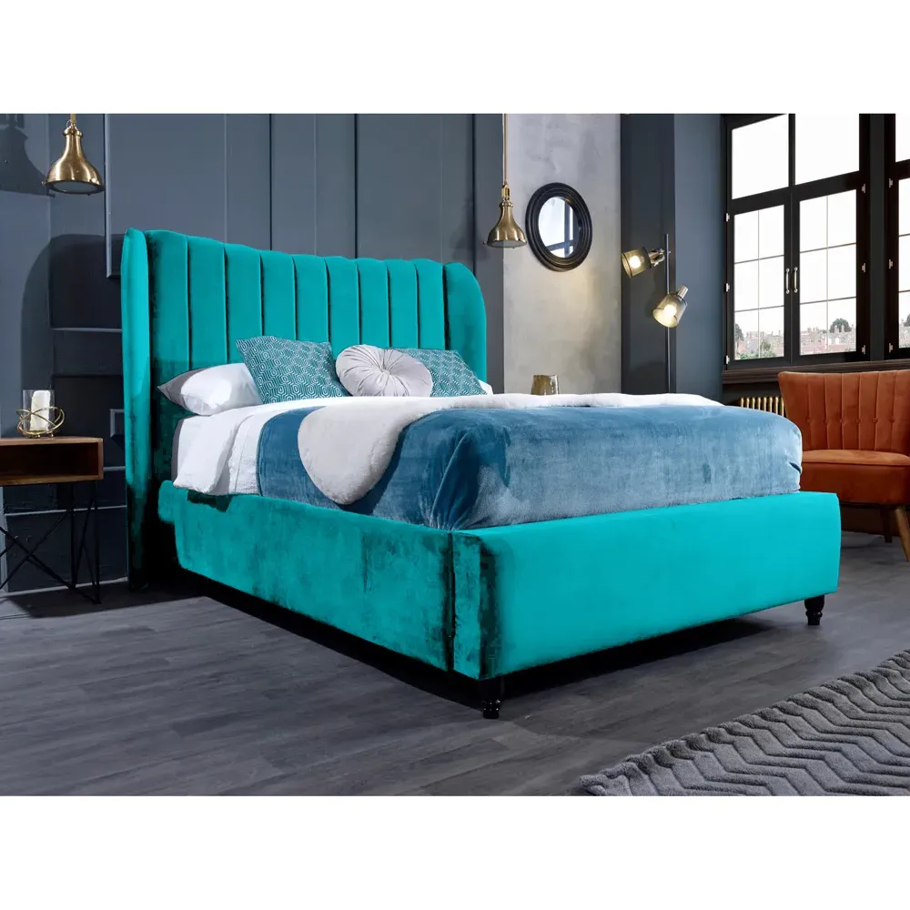 Carli King Size Bed Frame with Lined Headboard - Blue, Velvet