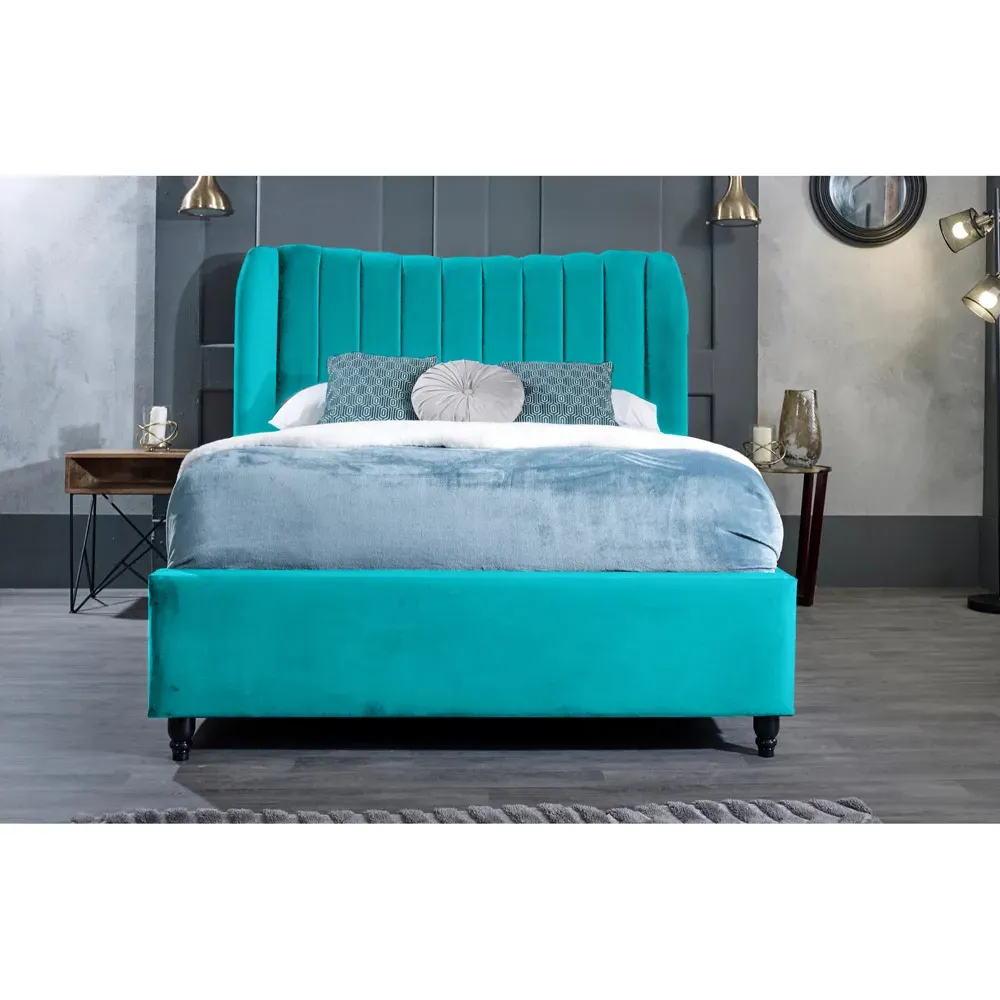 Carli King Size Bed Frame with Lined Headboard - Blue, Velvet