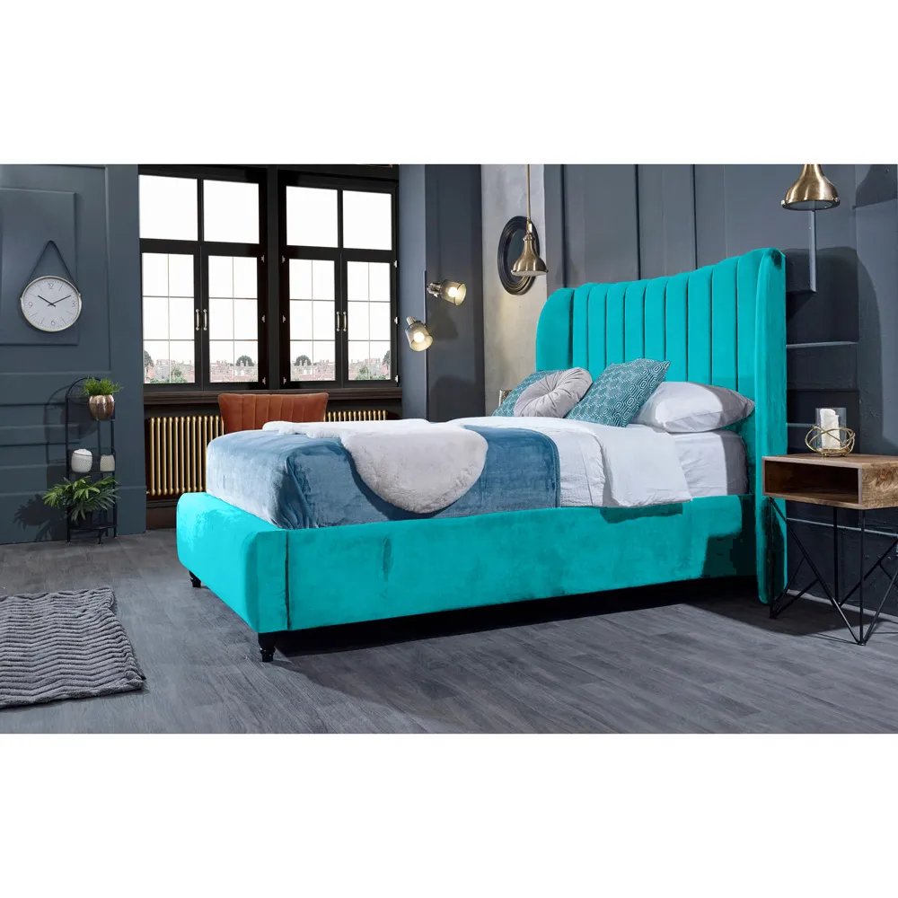 Carli King Size Bed Frame with Lined Headboard - Blue, Velvet