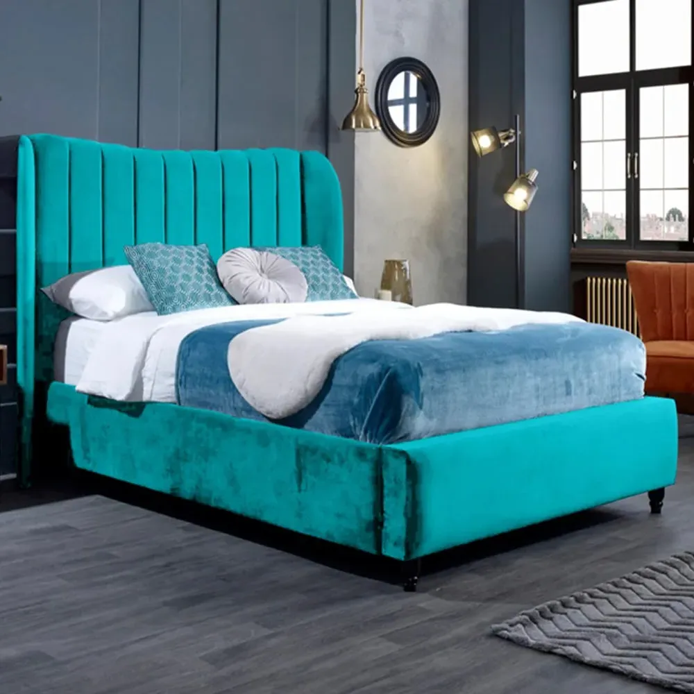 Carli King Size Bed Frame with Lined Headboard - Blue, Velvet