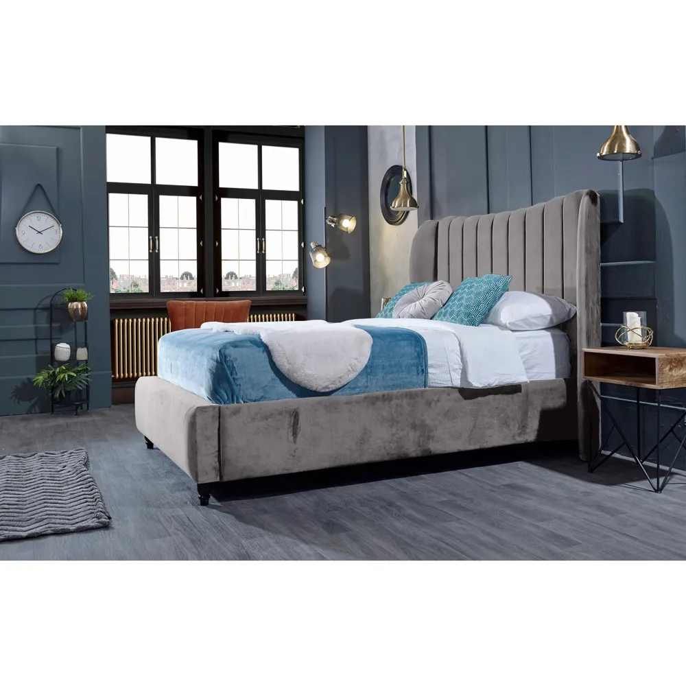 Carli King Size Bed Frame with Lined Headboard - Silver, Velvet