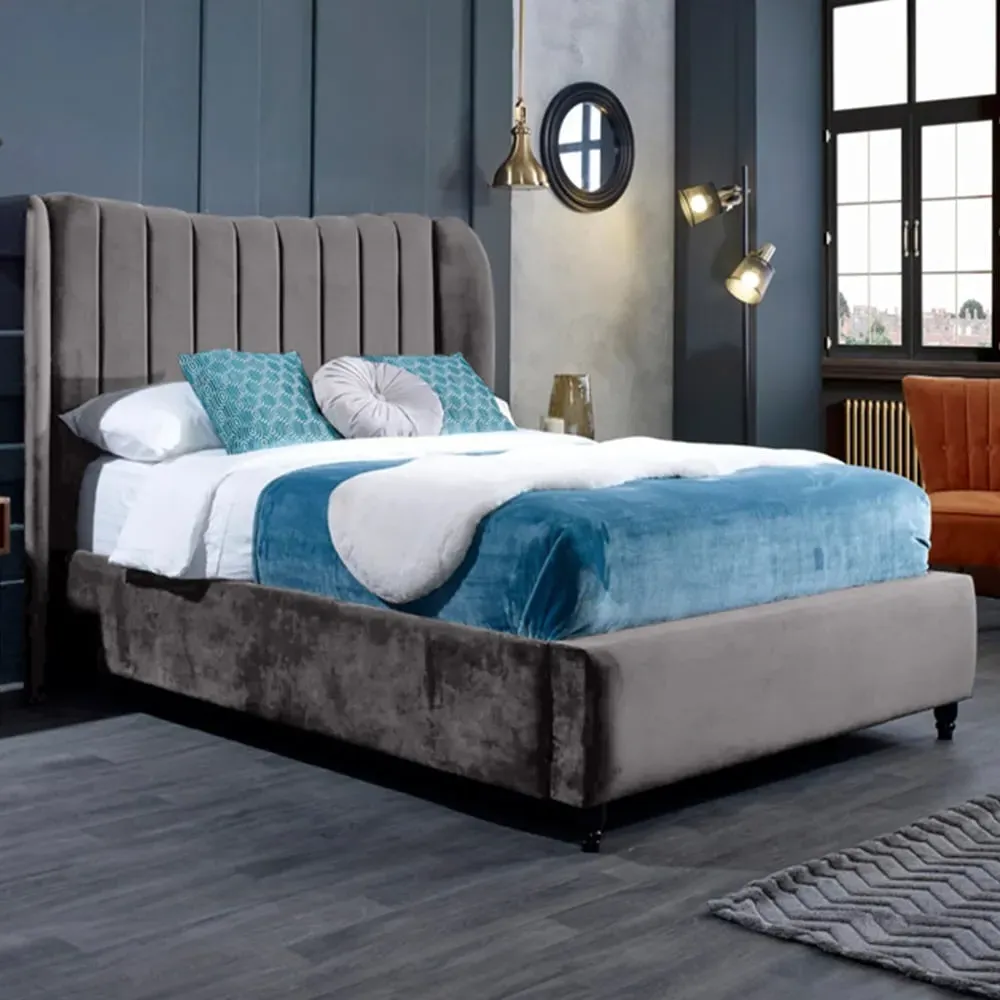 Carli King Size Bed Frame with Lined Headboard - Silver, Velvet