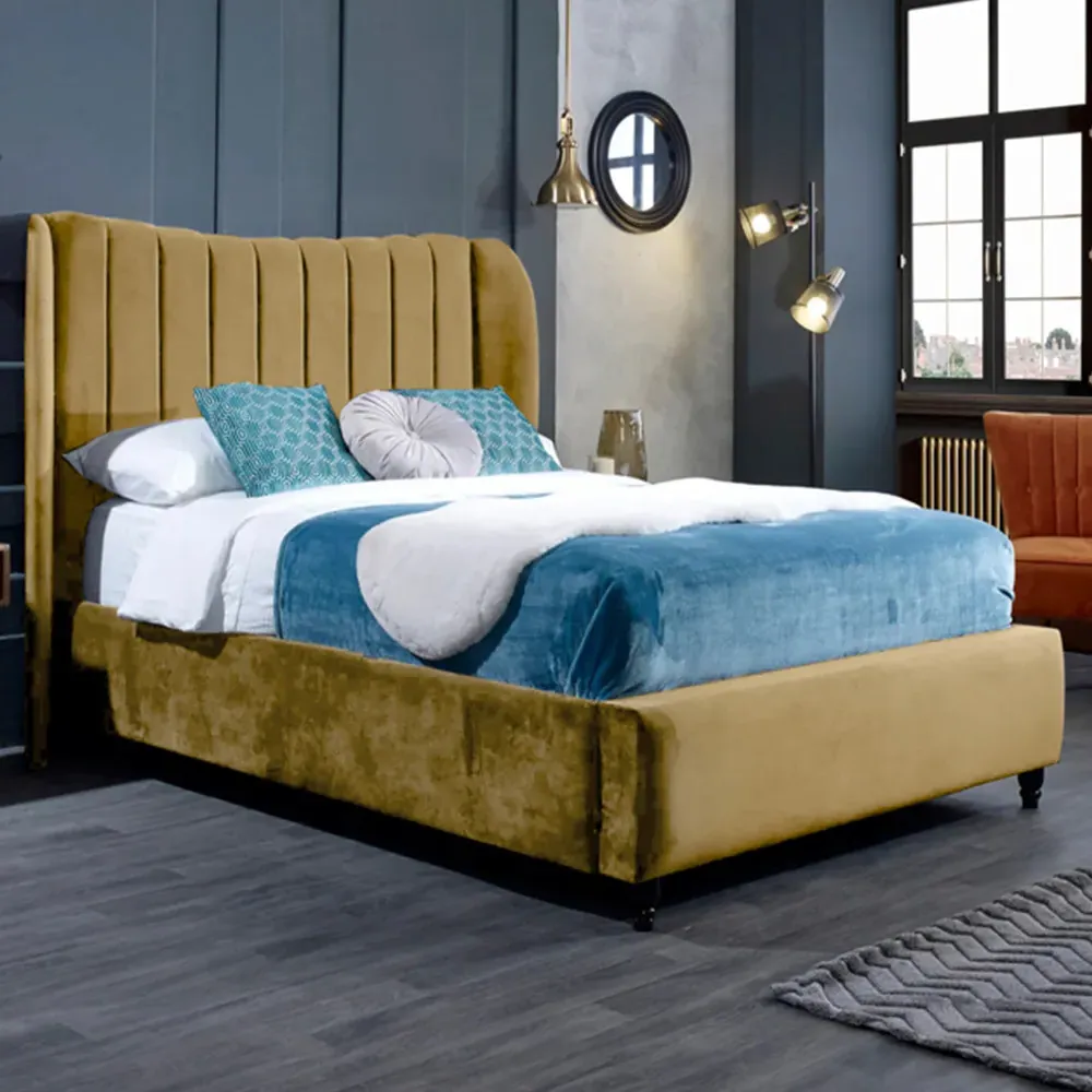 Carli Super King Size Bed Frame with Lined Headboard - Beige, Velvet