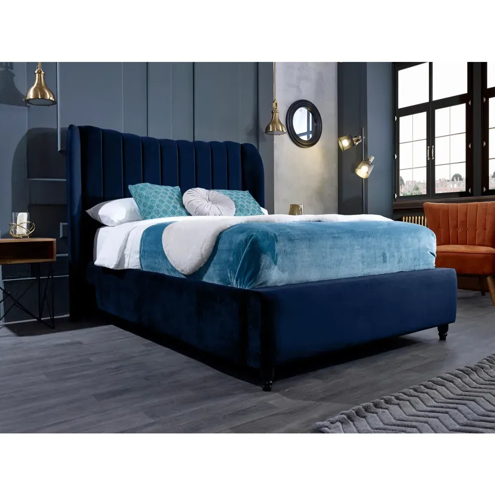 Carli Super King Size Bed Frame with Lined Headboard - Blue, Velvet