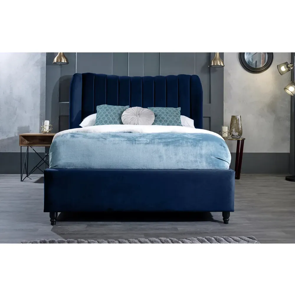 Carli Super King Size Bed Frame with Lined Headboard - Blue, Velvet