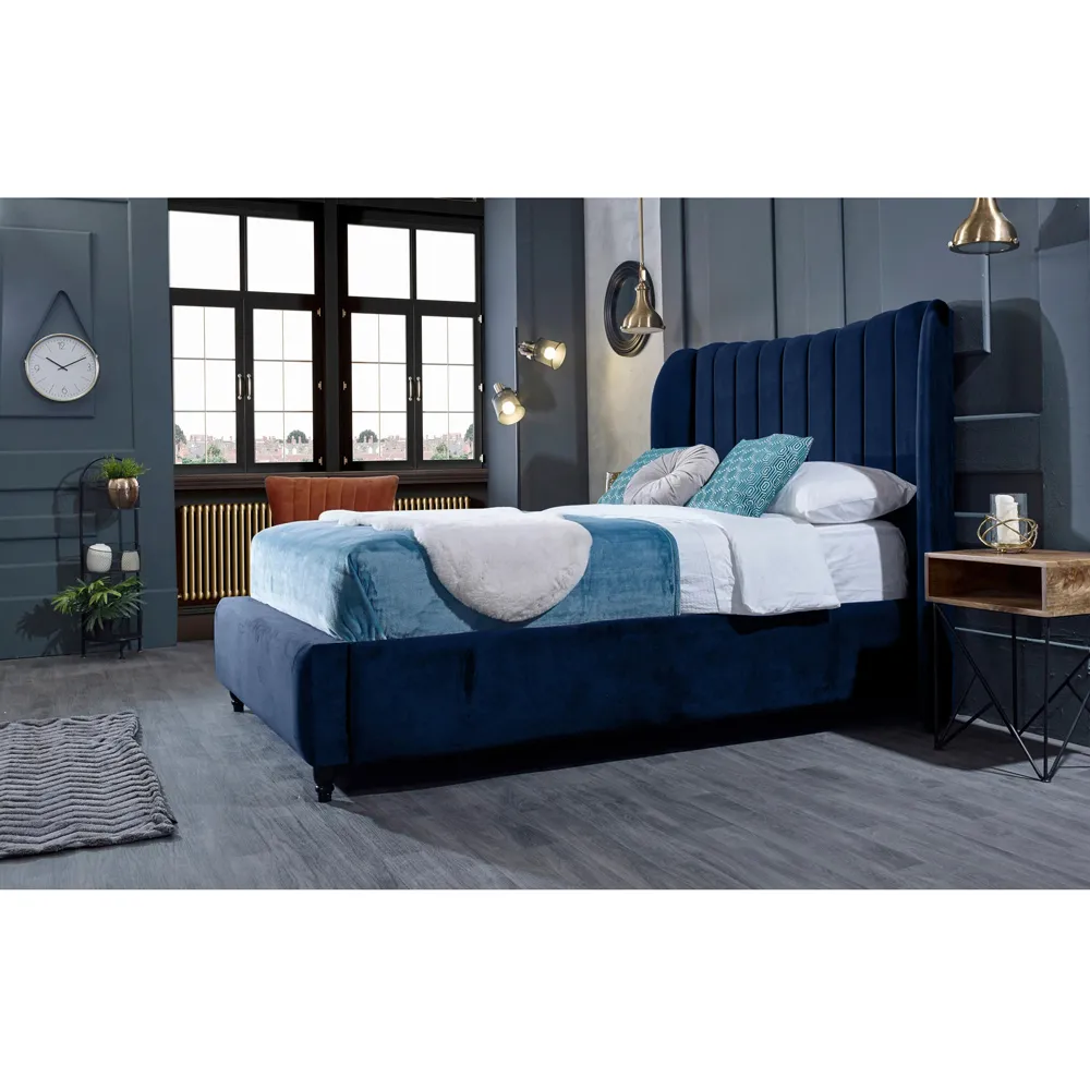 Carli Super King Size Bed Frame with Lined Headboard - Blue, Velvet