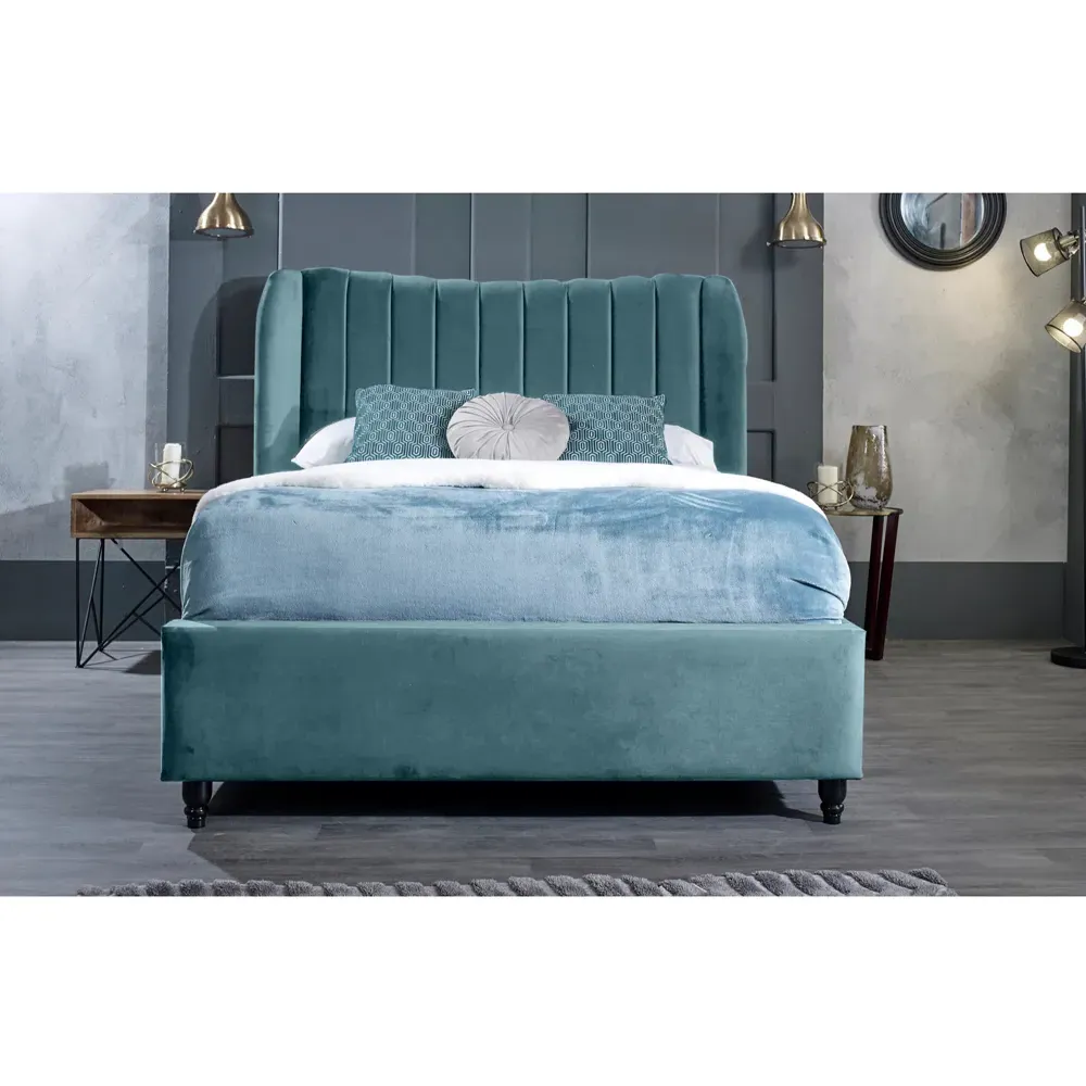 Carli Super King Size Bed Frame with Lined Headboard - Blue, Velvet