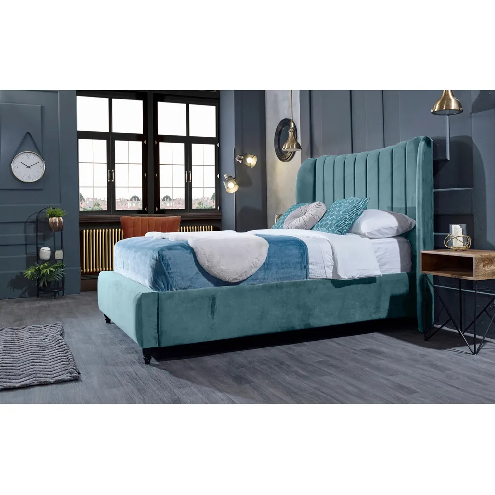 Carli Super King Size Bed Frame with Lined Headboard - Blue, Velvet
