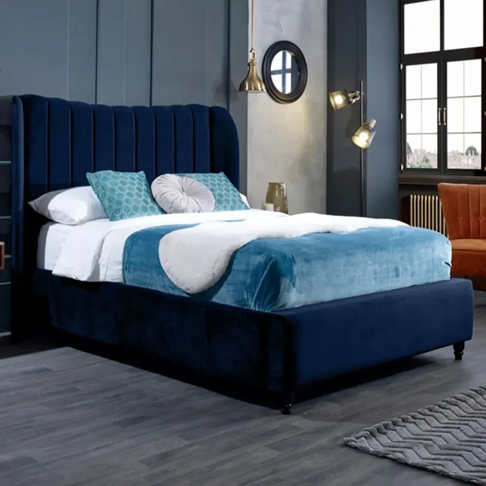 Carli Super King Size Bed Frame with Lined Headboard - Blue, Velvet