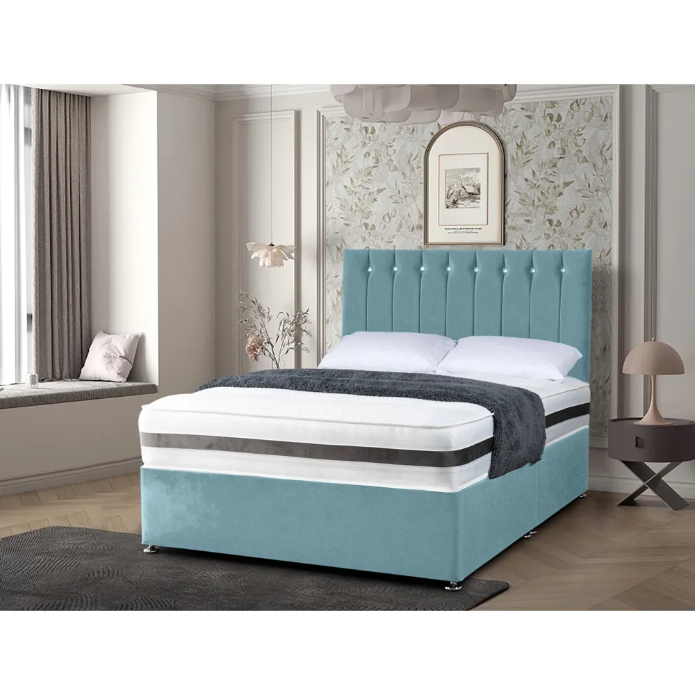 Cocoon Single Divan Bed with Headboard - Duck Egg, Velvet