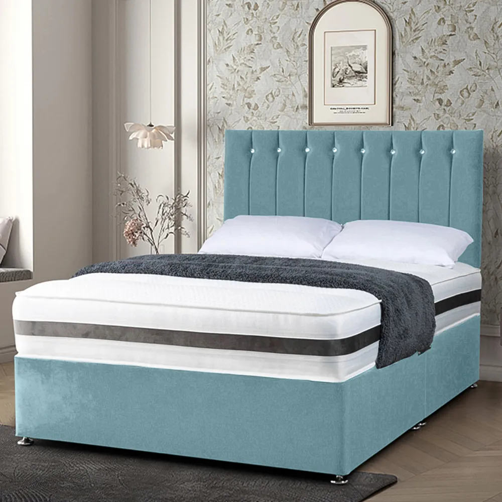 Cocoon Single Divan Bed with Headboard - Duck Egg, Velvet